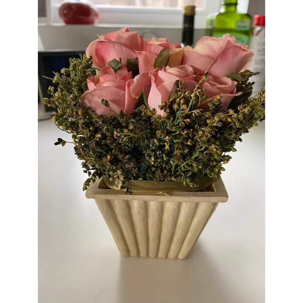 Petite Urn with 9 Pink‎ Mini Rose Fabric Flowers & Greenery Organza Ribbon
